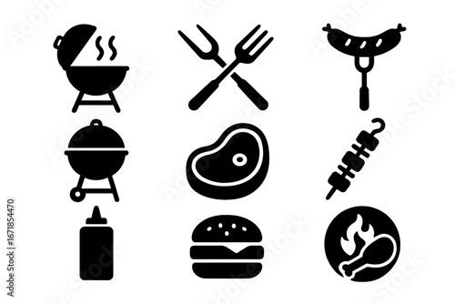 Barbecue and grilling solid icon set. BBQ food symbols collection with grill, steak, sausage, hamburger, kebab and chicken. Outdoor cooking and summer picnic concept vector illustration.