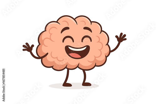 Happy brain cartoon character mascot smiling. Vector illustration for creative idea, intelligence, knowledge, education, thinking, mind power, mental health. Psychology concept.