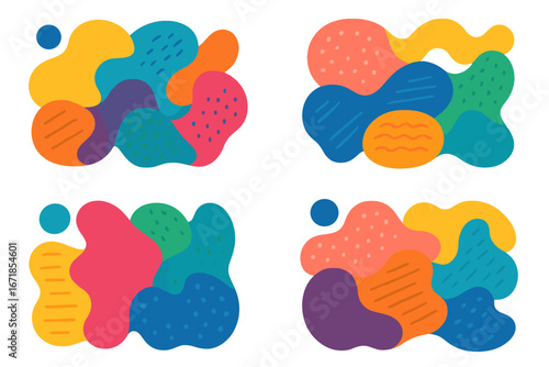 Set of abstract liquid shapes. Modern colorful fluid forms with textures. Collection of amoeba blobs for creative design, banner, poster, and background. Vector illustration.
