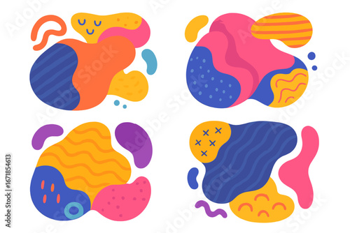 Set of colorful abstract organic shapes. Modern hand drawn doodle blobs with textures. Vector collection of fluid amoeba forms for creative design. Playful vibrant graphic elements.