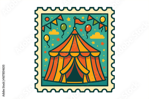 Colorful circus tent on a postage stamp. Vector cartoon for carnival, fair, or festival. Fun amusement park event celebration. Festive entertainment graphic element.
