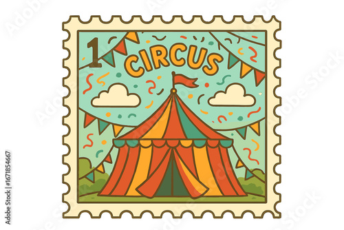 Circus postage stamp vector illustration. Retro festival funfair big top tent. Summer carnival entertainment event concept with festive garlands and confetti for celebration.