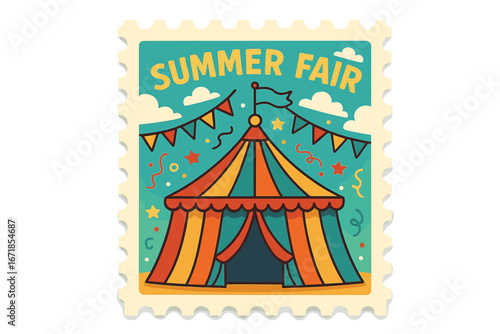Summer fair postage stamp vector illustration. Retro circus tent for carnival event. Festival celebration design element. Fun amusement park icon with colorful marquee and flags.