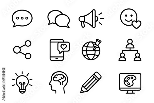 Communication and creativity line icon set. Icons for social media, innovation, marketing, idea, and teamwork. Business and technology outline vector symbols collection.