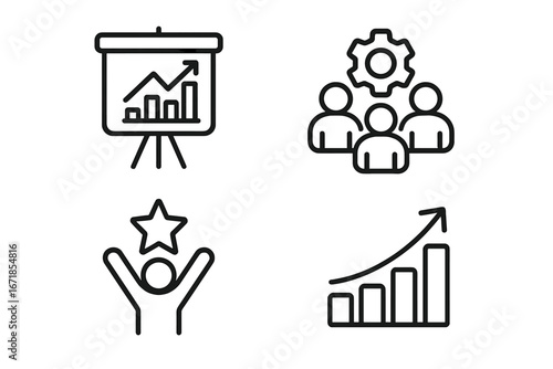 Business strategy line icon set. Teamwork, success, growth, presentation chart icons. Corporate management, achievement, financial progress, and data analysis vector symbols.