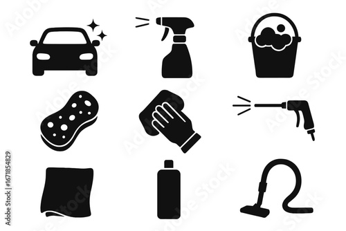 Car wash silhouette icon set. Auto detailing service glyphs. Vehicle cleaning equipment and tools collection. Pressure washer, vacuum, sponge, spray and bucket pictograms.