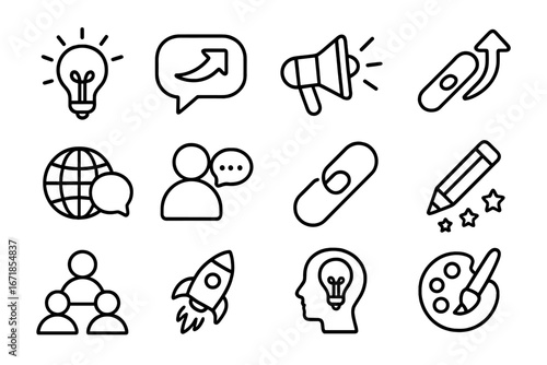 Communication and creativity line icon set. Business and startup concepts. Vector collection of innovative ideas, marketing, social media, and brainstorming symbols.