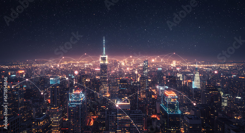 Wallpaper Mural Breathtaking panoramic view of a bustling city skyline at night, with towering skyscrapers aglow with countless lights and interconnected by illuminated network lines Torontodigital.ca