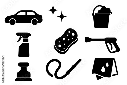 Car wash service icon set. Auto cleaning and detailing symbols. Vehicle maintenance equipment silhouettes. Vector glyphs of pressure washer, sponge, polish, spray, and bucket.