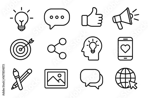 Creative idea and digital marketing line icon set. Business communication, social media engagement, strategy, and innovation symbols. Vector icons for web and mobile app.