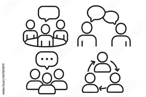Communication outline icon set. Business collaboration, group meeting, and discussion symbols. Teamwork, conference, and corporate dialogue concepts. Vector workflow pictograms.