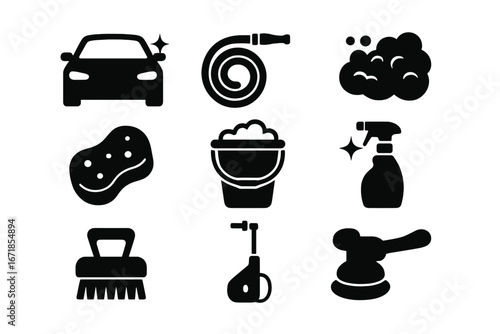 Car cleaning silhouette icon set. Auto maintenance tools and equipment collection. Vector graphic for car wash service, detailing. Soap, sponge, brush, polisher glyphs.