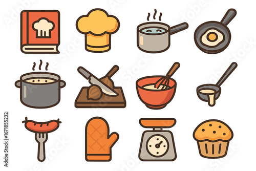 Cooking and baking line icon set. Culinary food preparation and kitchen utensil collection. Vector cartoon icons for restaurant menu, recipe book, chef, and gastronomy concepts.