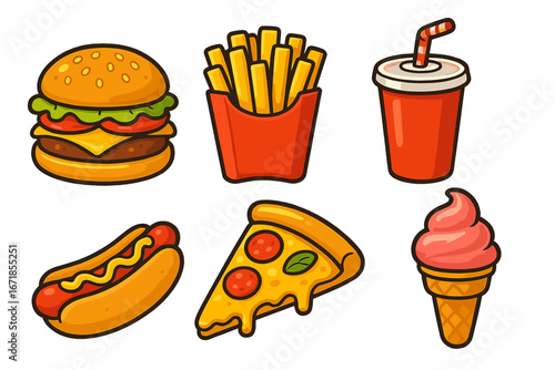 Fast food vector icon set. Colorful cartoon collection of junk food: burger, fries, soda drink, hot dog, pizza slice and ice cream cone. Meal menu graphic illustration.