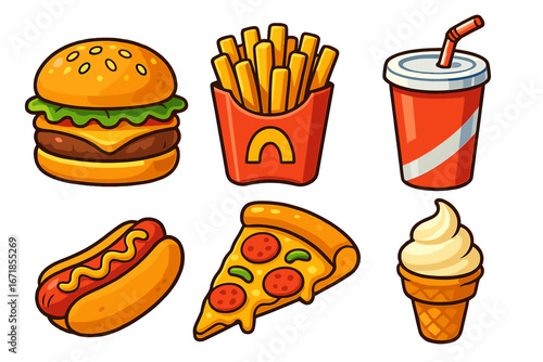 Fast food cartoon icon set. Collection of junk food meal items. Vector illustration of hamburger, french fries, pizza, hot dog, soda drink and ice cream cone. Isolated graphics.