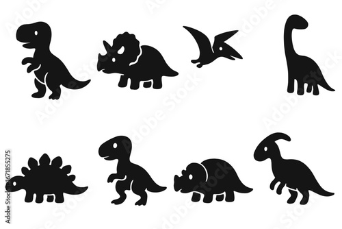 Dinosaur silhouette icon set. Cute cartoon prehistoric dino characters for kids. Vector jurassic animal collection. T-rex, triceratops, fossil graphic element illustration.