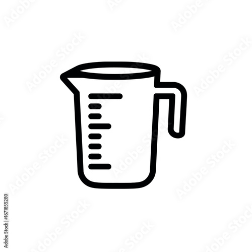 Illustration of a measuring cup with handle and measurement lines in black and white outline style