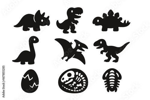 Cute dinosaur silhouette icon set. Prehistoric jurassic animal collection for kids. Vector graphic with t-rex, triceratops, fossil, egg, skeleton, raptor, and pterodactyl.