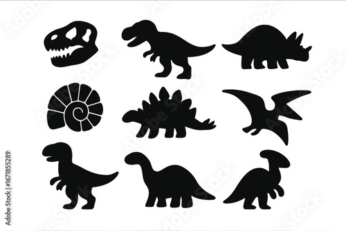 Dinosaur silhouette icon set. Fossil and prehistoric creature icons. Vector collection with T-rex skull, triceratops, stegosaurus, pterodactyl. Paleontology cartoon symbols.