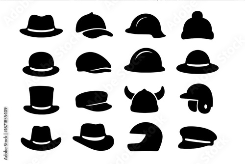 Headwear icon set. Hat, cap, and helmet silhouette collection. Vector graphic includes fedora, top hat, hardhat, viking, motorcycle helmet, and baseball cap. Isolated design elements.
