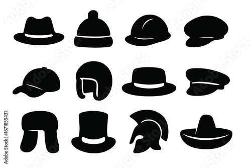 Headwear silhouette icon set. Collection of hats, helmets, and caps. Vector graphic includes fedora, beanie, baseball cap, top hat, spartan helmet, sombrero, ushanka. Fashion