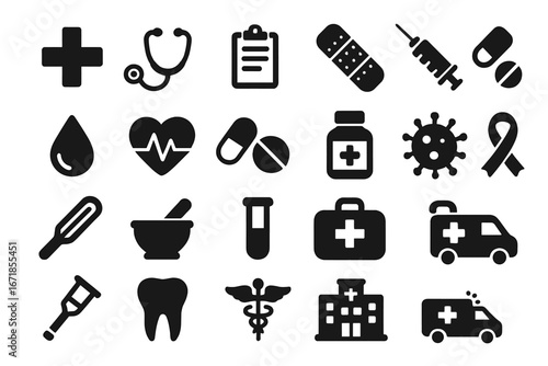 Healthcare medicine solid icon set. Pharmaceutical medical icons collection. Vector illustration. Hospital, emergency, pharmacy, clinic, doctor, dentist symbols. Glyph icons.