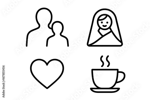 Parent and child icon set for family bonding. Includes newborn baby, heart, and warm drink symbols. Outline vector illustration for love, maternity, care, and family life.