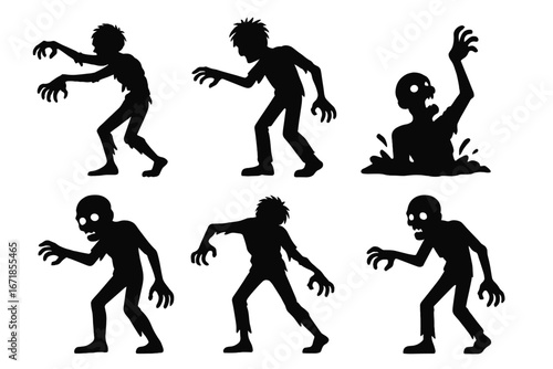 Zombie silhouette collection for Halloween horror design. Spooky undead monster character poses icon set. Scary apocalypse creature graphics vector illustration on white background.