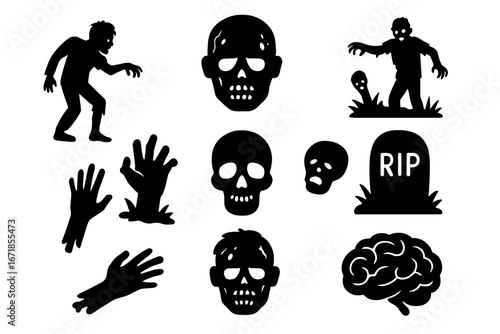 Horror zombie silhouette icon set for Halloween. Spooky scary monster collection. Vector cartoon illustration of undead, skull, brain, hand from grave and tombstone.