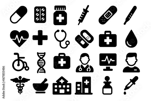 Healthcare and medicine solid glyph icon set. Medical and pharmaceutical vector icons. Hospital, pharmacy, doctor, first aid, and emergency symbols. Pictogram collection.