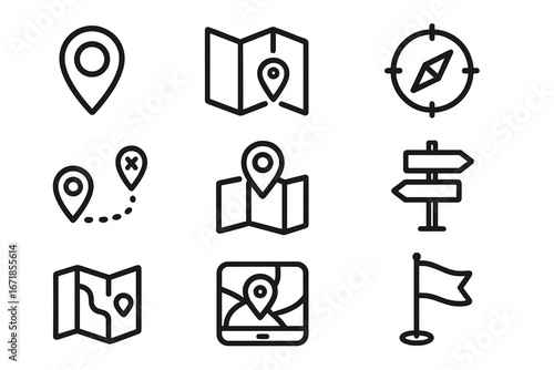 Location and navigation outline icon set for maps and travel. GPS, destination, route, and journey concepts. Includes pin, compass, signpost, and waypoint symbols for UI design.