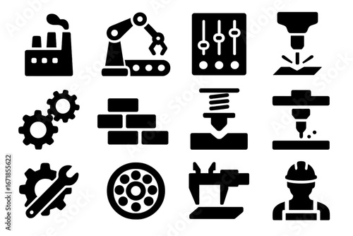 Manufacturing and mechanical solid icon set. Industrial process symbols for automation, engineering, and factory production. Vector collection with robot arm, gears, and tools.