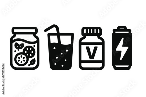 Health drink icons solid filled icon set. Wellness beverage, detox water, fresh juice, vitamin bottle, energy drink. Nutrition supplement concept. Healthy lifestyle vector graphic.