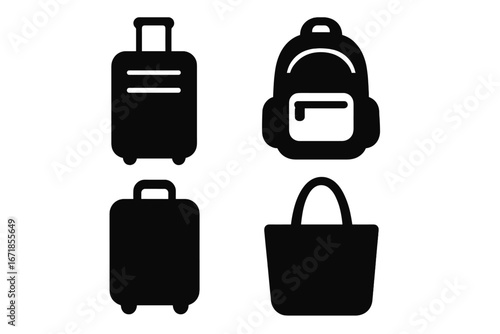 Luggage bag silhouette icon set. Travel backpack suitcase tote. Concept journey baggage. Vacation trip symbol. Airport luggage. Holiday graphic element. Vector collection.