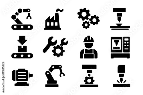 Manufacturing and mechanical solid icon set. Industrial process symbols collection. Factory automation, robotics, engineering, production line and machinery vector pictograms.