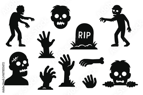 Zombie silhouette icon set for Halloween. Spooky horror monster collection. Undead vector graphics, scary hands from grave, tombstone, apocalypse character design elements.