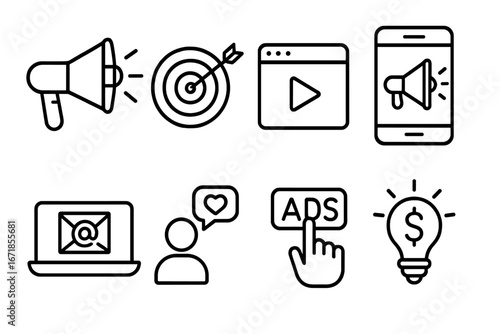 Digital marketing and advertising outline icon set. Promotion campaign symbols collection. Social media, email marketing, video content, ad targeting and PPC concept icons.