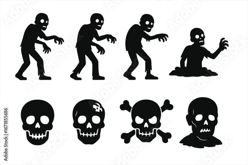 Zombie silhouette icon set and scary skull collection. Spooky Halloween horror vector graphics. Undead monster, walking dead, and danger symbols. Black death head icons design.
