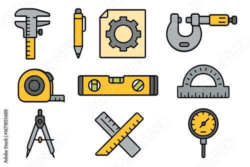 Measurement & engineering icon set. Precision tools for technical projects & construction. Vector symbols of caliper, micrometer, spirit level, protractor, gauge, compass, ruler.