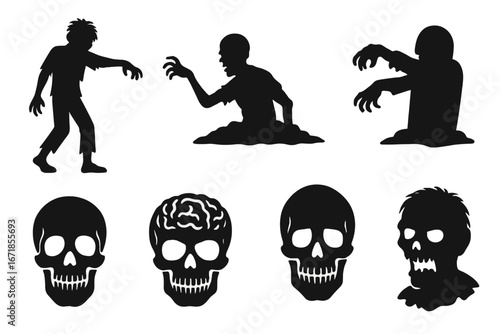 Horror zombie silhouette icon set. Spooky monster graphics for Halloween. Scary undead characters, evil skulls with brains, and creature heads. Apocalypse vector design elements.