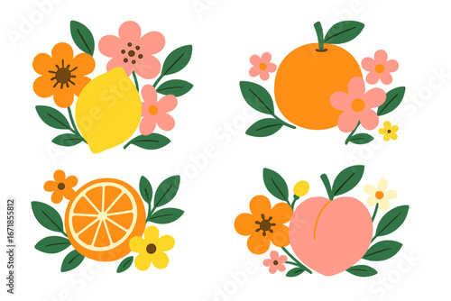 Set of fruit and flower arrangements. Lemon, orange, and peach illustrations with floral elements. Modern flat cartoon vector graphic. Summer fruit icons for fresh food concept.