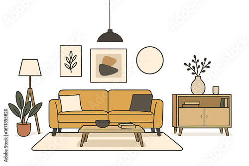 Modern living room interior with Scandinavian furniture. Cozy hygge home decor scene. Mid-century sofa, table, plant. Flat vector cartoon illustration isolated on transparent background.