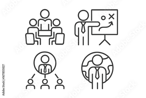Leadership & business management thin line icon set. Vector icons for meeting, strategy presentation, organization chart, global operations, teamwork, corporate training & planning.