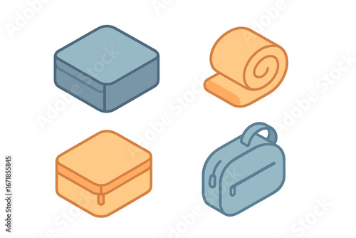 Isometric packing icons set for travel. Luggage organization concept with packing cubes, rolled clothes, and toiletry pouch. Vector flat cartoon illustration for vacation.