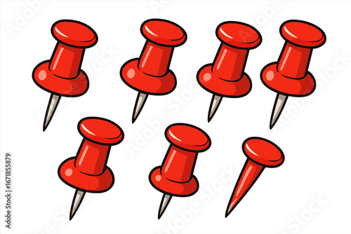 Set of red push pins, thumbtacks for pinning. Vector cartoon illustration. Office supply for notice board. Map marker, location point. Reminder, deadline, important concept.