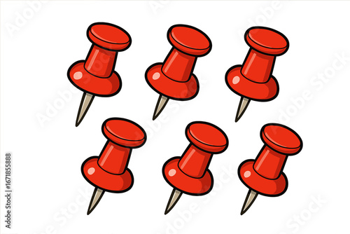 Set of red push pins for office and education. Vector thumbtacks for marking map locations. Pin for bulletin board reminder. Stationery equipment. Isolated cartoon drawing.
