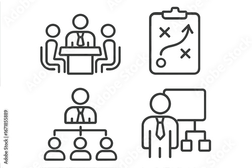 Business leadership line icon set. Meeting, strategy, and organization. Corporate management, teamwork, and planning. Hierarchy, presentation, and workflow vector icons.