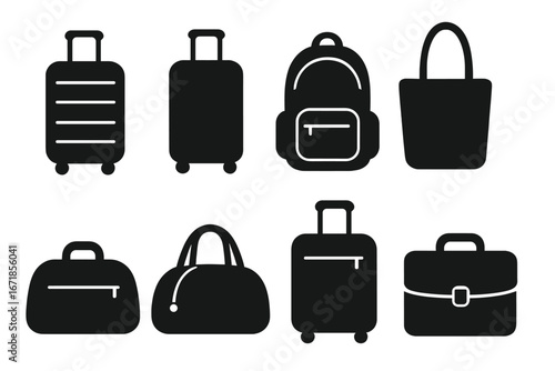 Luggage bag silhouette icon set. Travel backpack, suitcase, tote, duffel, and briefcase icons. Baggage for vacation, airport, or business trip. Vector flat graphic symbol.