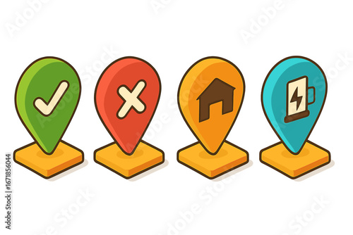 Map marker icons set. Isometric pin for GPS navigation. Location symbols for pickup point, drop-off, home, warehouse, and EV charging station. Vector checkmark & cross signs.