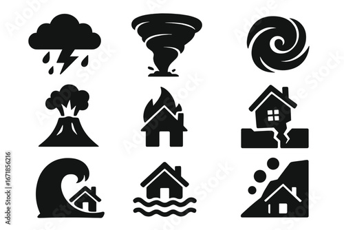 Natural disaster silhouette icon set. Vector symbols for weather events like storm, tornado, hurricane, earthquake, flood, tsunami, volcano eruption, fire, and landslide.